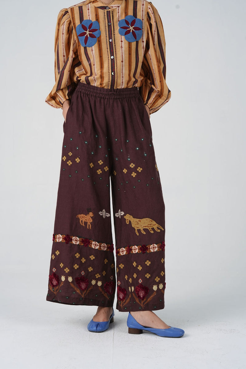 Pareo Pants-Brown Fresco linen pant/trouser by CORD in multi-color for women in Singapore