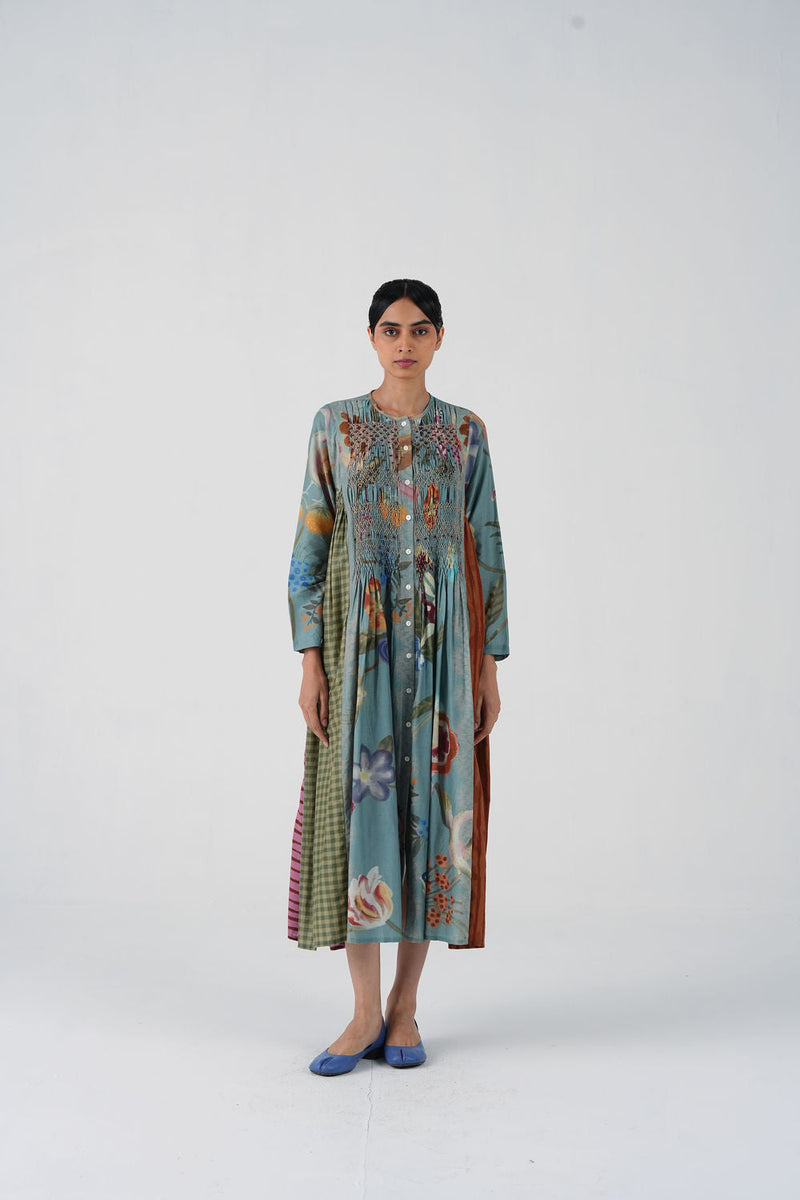 Frida Dress-Blue Floret cotton silk dress by CORD in multi-color for women in Singapore