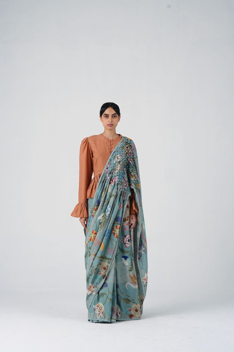 Smocked Saree-Blue Floret cotton saree by CORD in multi-color for women in Singapore