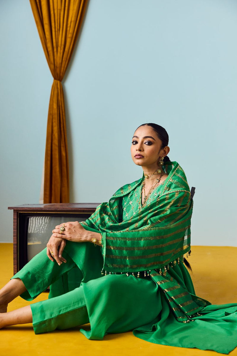 Sureen Green Asymmetric Kurta Set with Silk Tissue Chanderi Dupatta