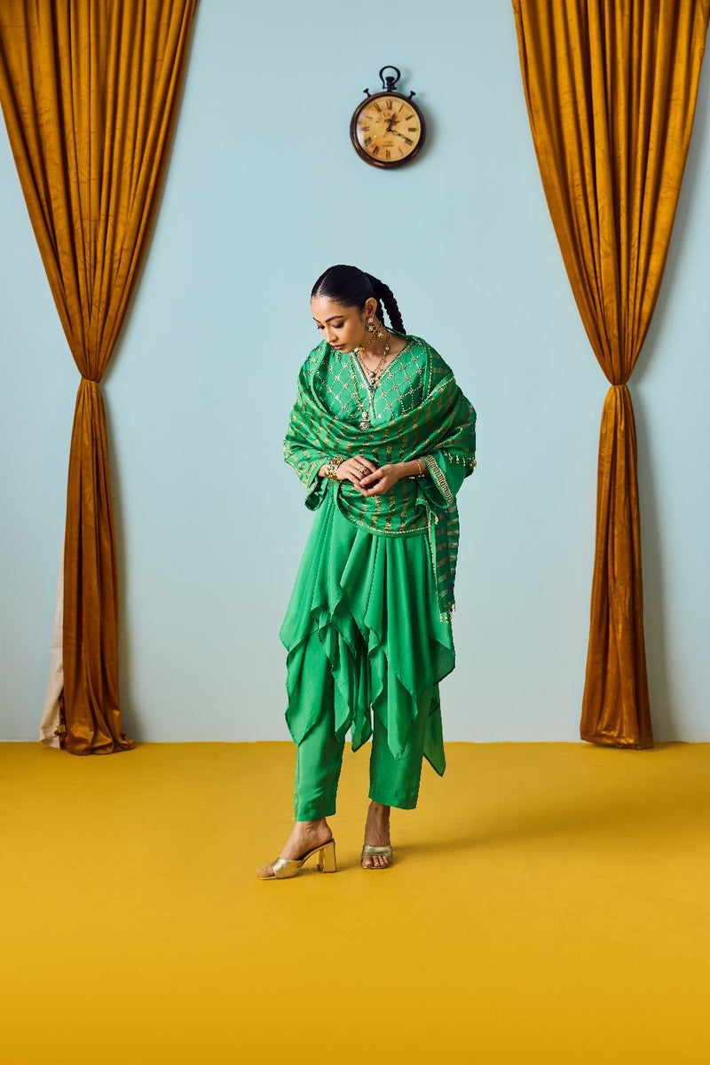 Sureen Green Asymmetric Kurta Set with Silk Tissue Chanderi Dupatta