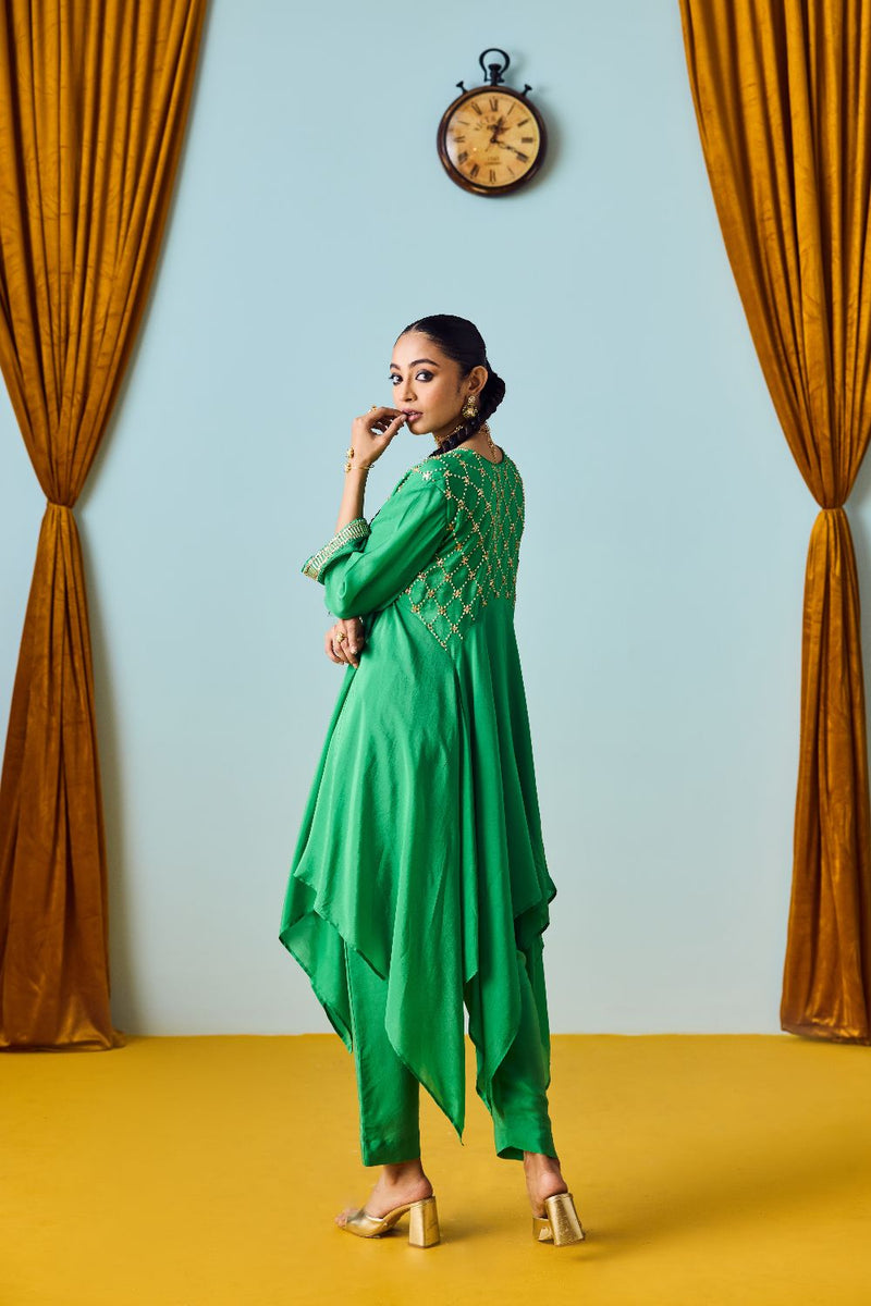 Sureen Green Asymmetric Kurta Set with Silk Tissue Chanderi Dupatta