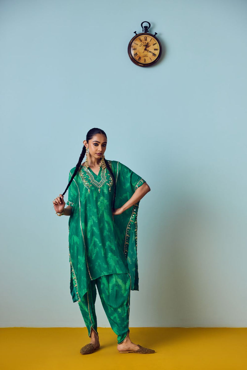 Nourie Coral Green Hand-Embroidered Kaftan Set
