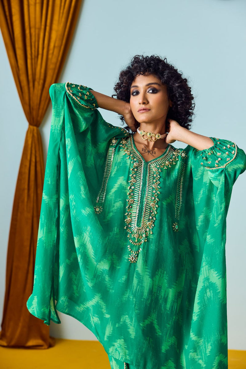 Raso Coral Green Hand-Embroidered Tunic with Tulip Pants