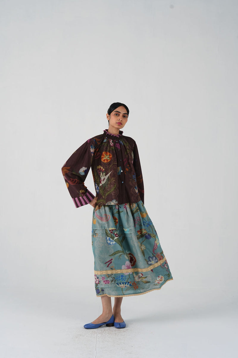Emily Skirt-Blue Floret cotton silk skirt by CORD in multi-color for women in Singapore