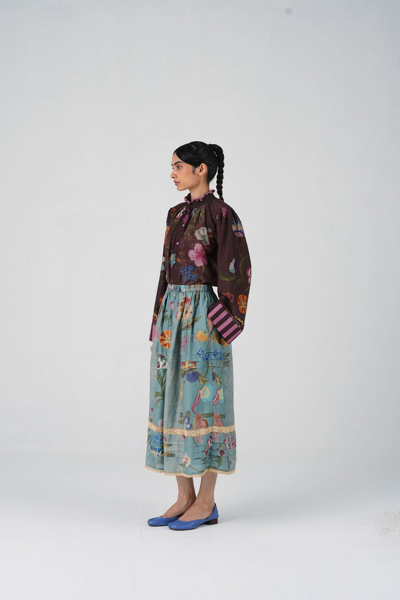 Emily Skirt-Blue Floret cotton silk skirt by CORD in multi-color for women in Singapore