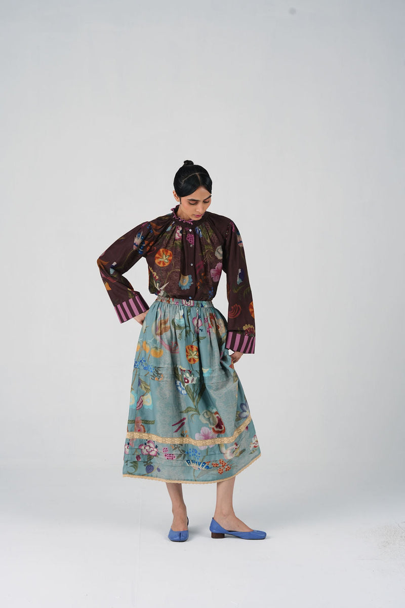 Emily Skirt-Blue Floret cotton silk skirt by CORD in multi-color for women in Singapore