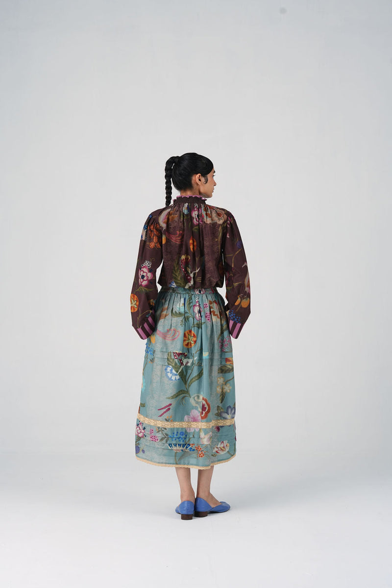 Emily Skirt-Blue Floret cotton silk skirt by CORD in multi-color for women in Singapore