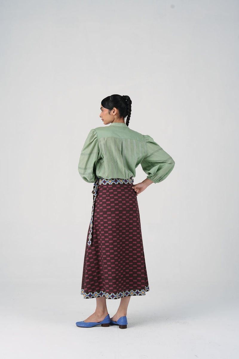 Wrap Skirt-Brown Checks cotton satin skirt by CORD in multi-color for women in Singapore