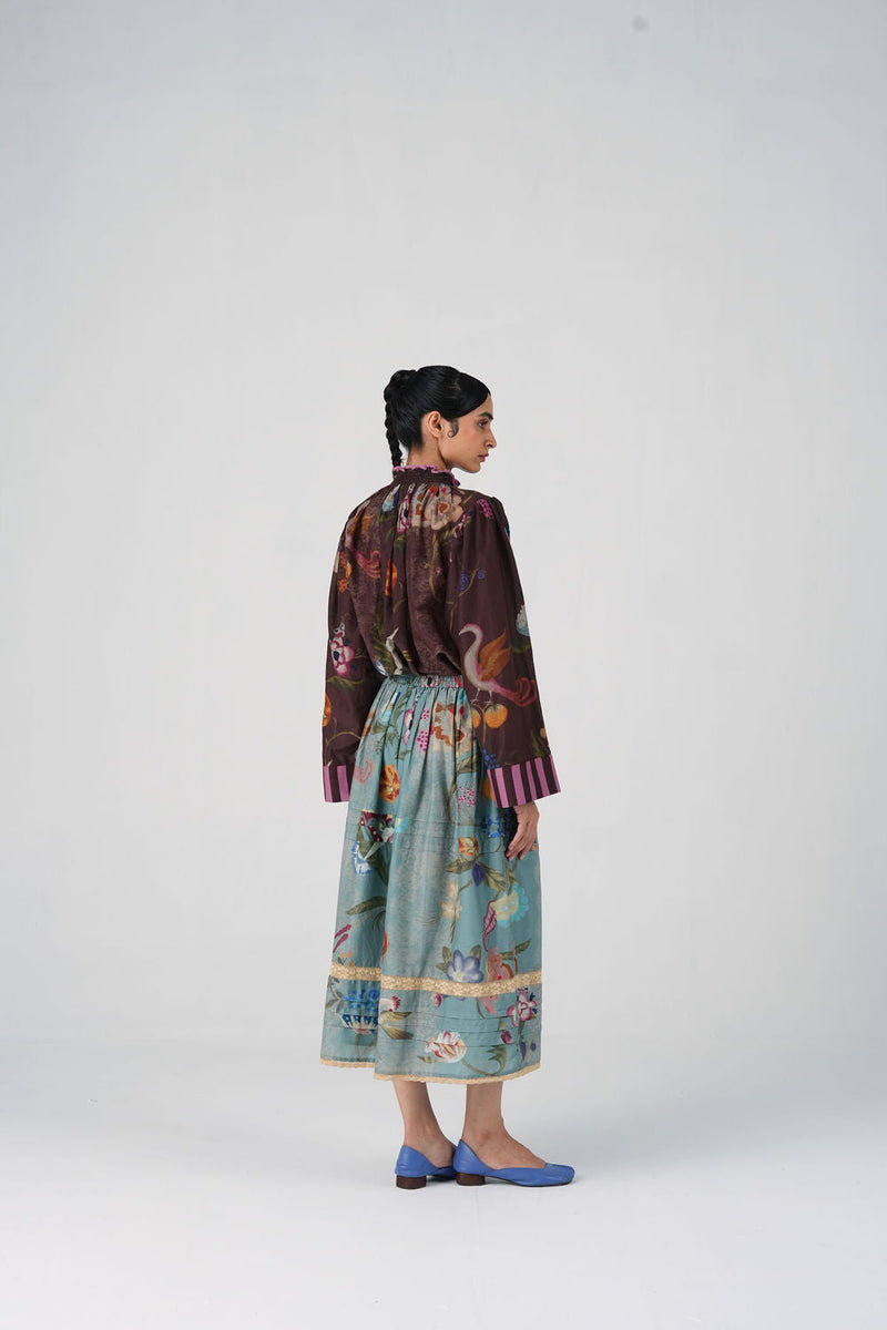 Emily Skirt-Blue Floret cotton silk skirt by CORD in multi-color for women in Singapore