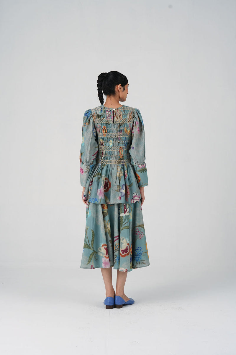Gaia Top-Blue Floret cotton silk top and shirts by CORD in multi-color for women in Singapore