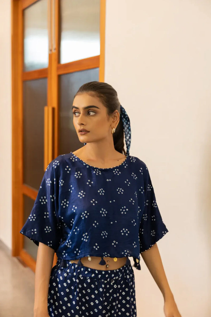 CROP TOP W TASSLES-NAVY BLUE silk by Dyelogue in blue color for women in Singapore