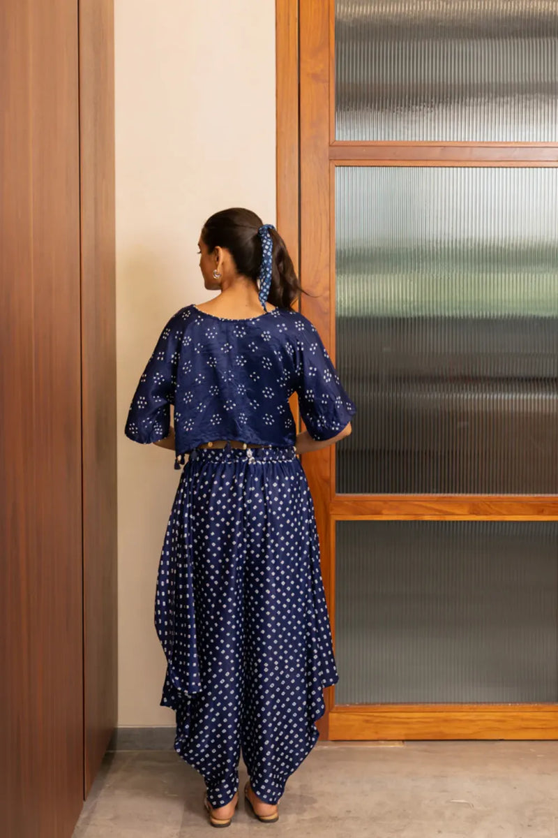CROP TOP W TASSLES-NAVY BLUE silk by Dyelogue in blue color for women in Singapore