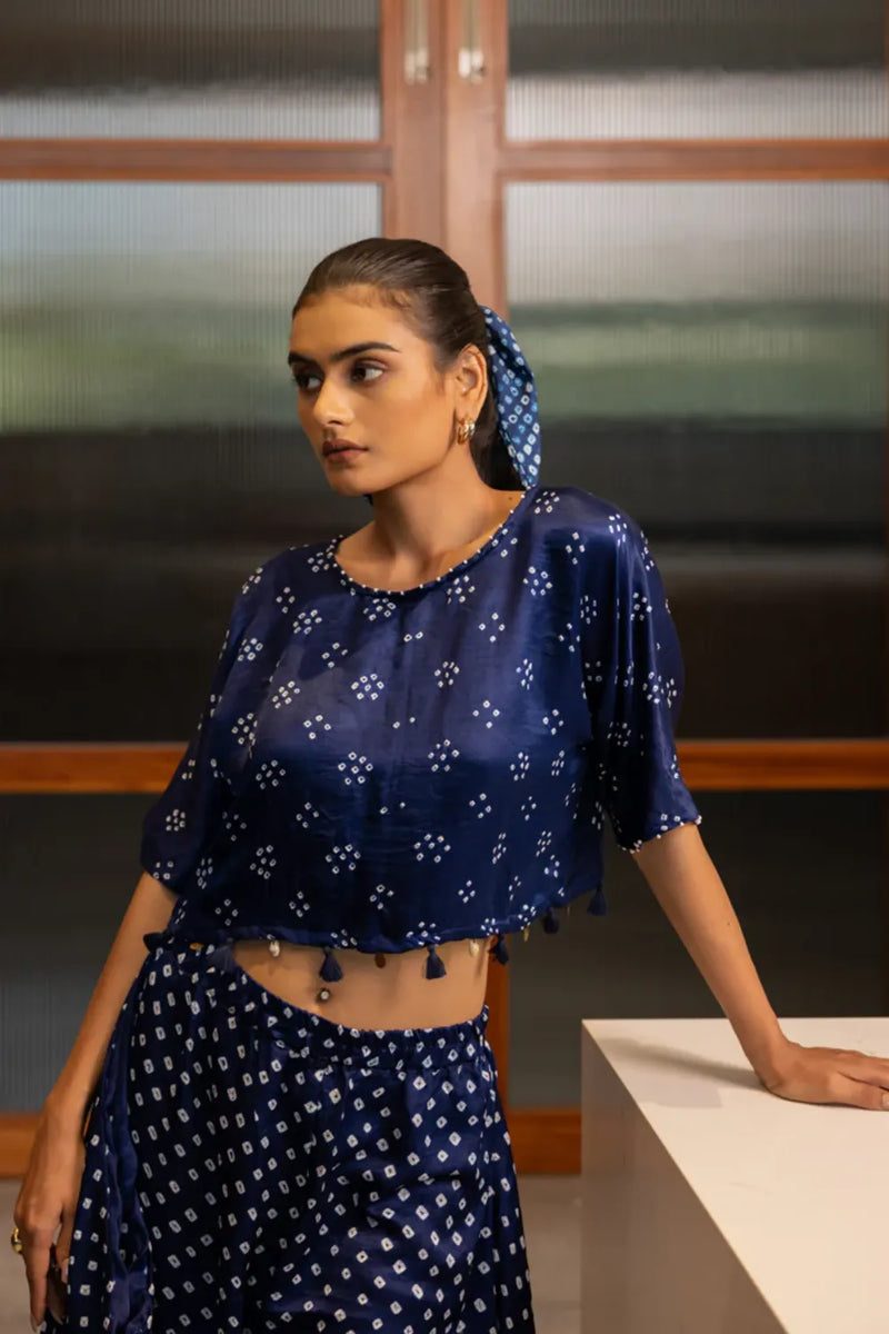 CROP TOP W TASSLES-NAVY BLUE silk by Dyelogue in blue color for women in Singapore
