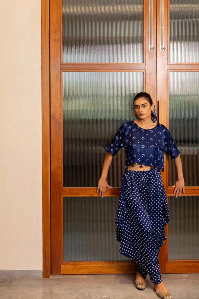 CROP TOP W TASSLES-NAVY BLUE silk by Dyelogue in blue color for women in Singapore