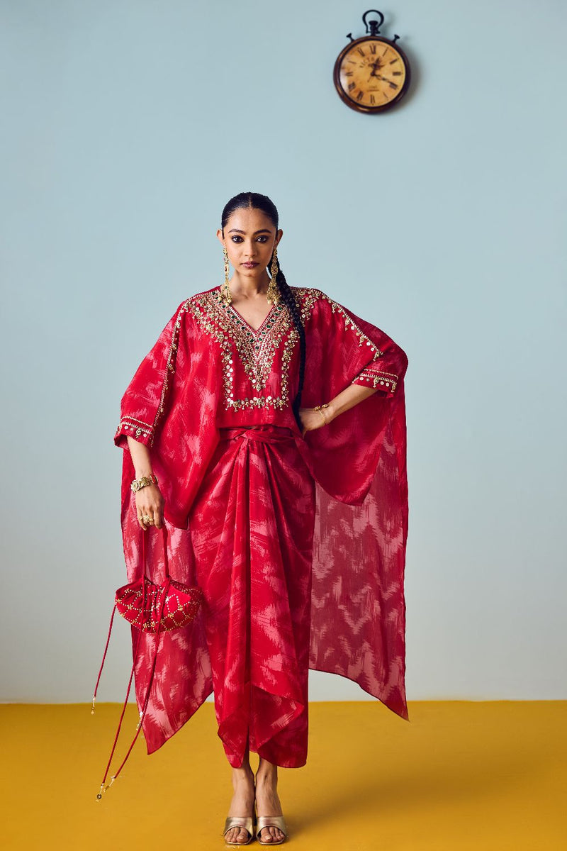 Nexa Red Hi-Low Top and Wrap Skirt Set