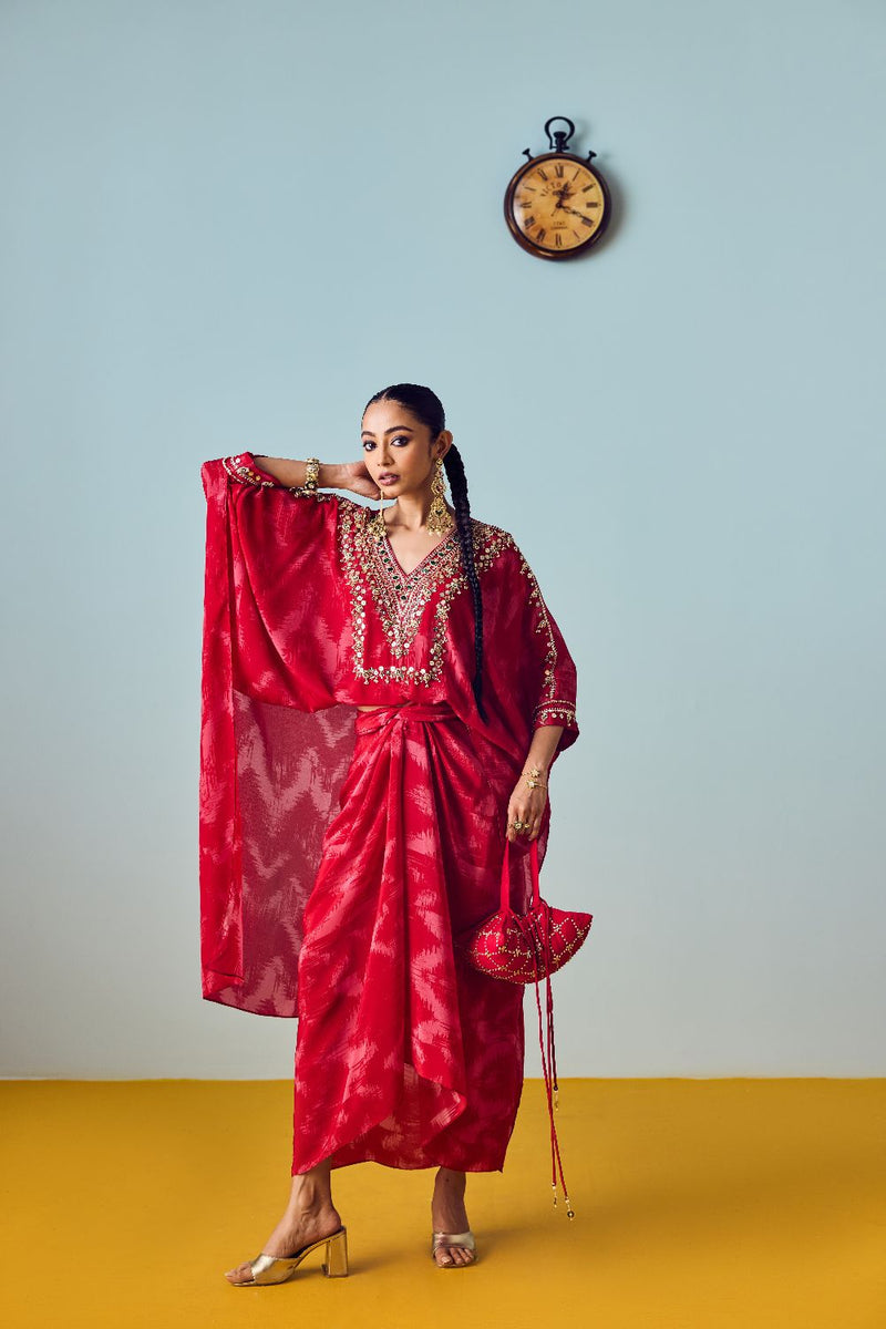 Nexa Red Hi-Low Top and Wrap Skirt Set