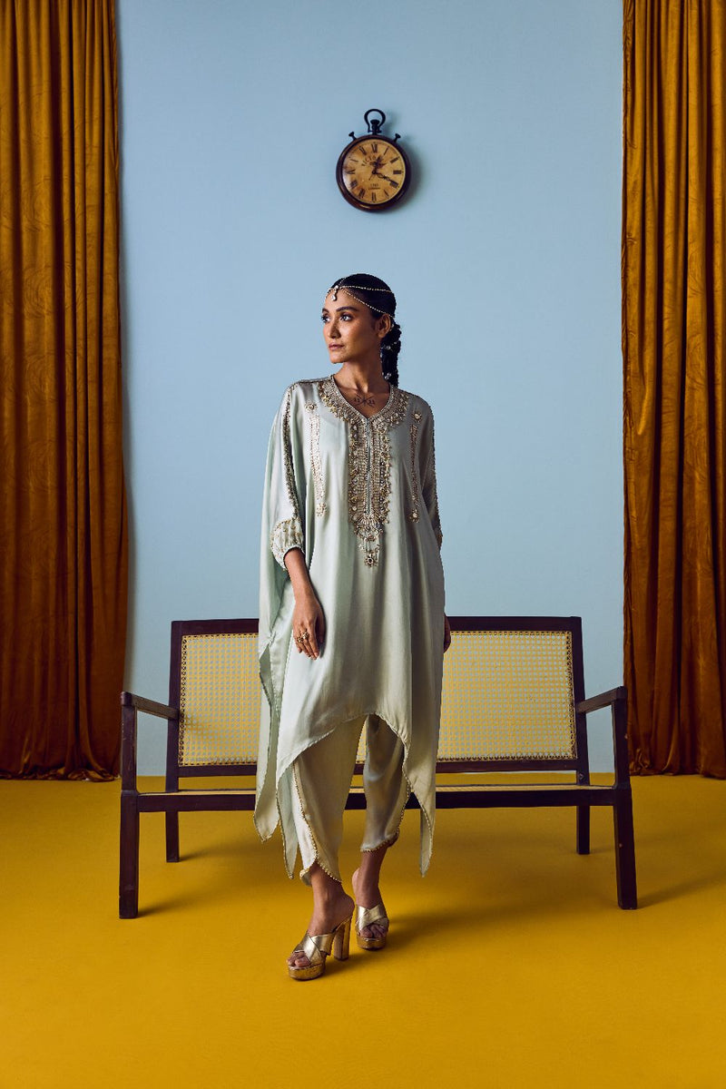 Raso Sage Green Hand-Embroidered Tunic with Tulip Pants