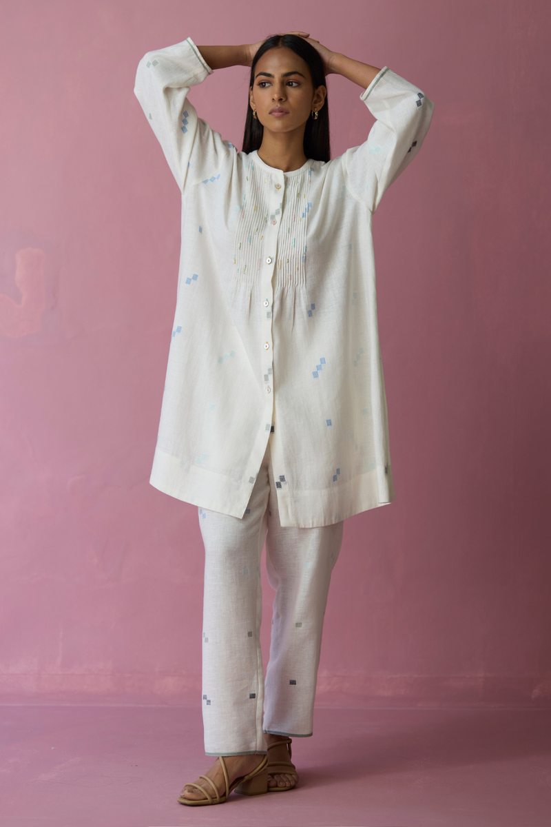 Dima Jmdani Linen Pintuck Co-ord Set - Ivory all linen by Manan in ivory color for women in Singapore