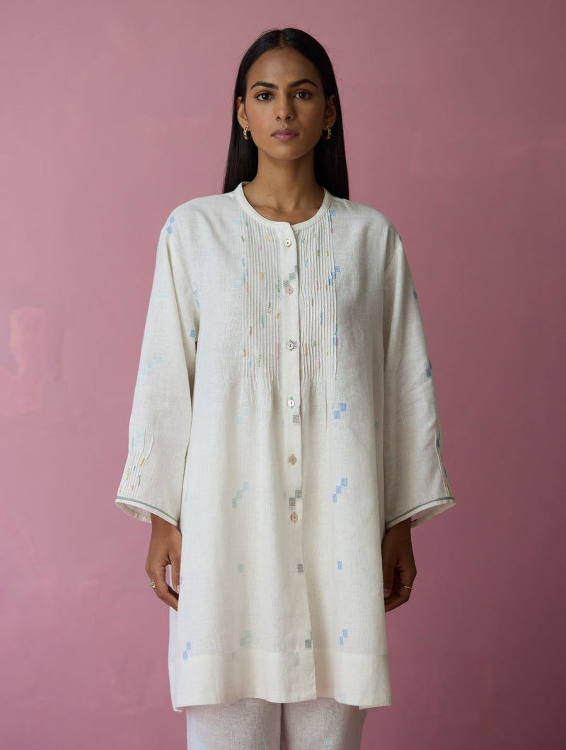 Dima Jmdani Linen Pintuck Co-ord Set - Ivory all linen by Manan in ivory color for women in Singapore
