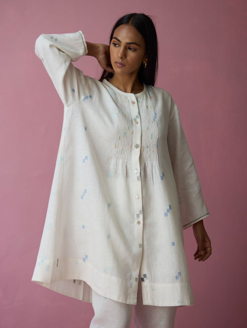 Dima Jmdani Linen Pintuck Co-ord Set - Ivory all linen by Manan in ivory color for women in Singapore