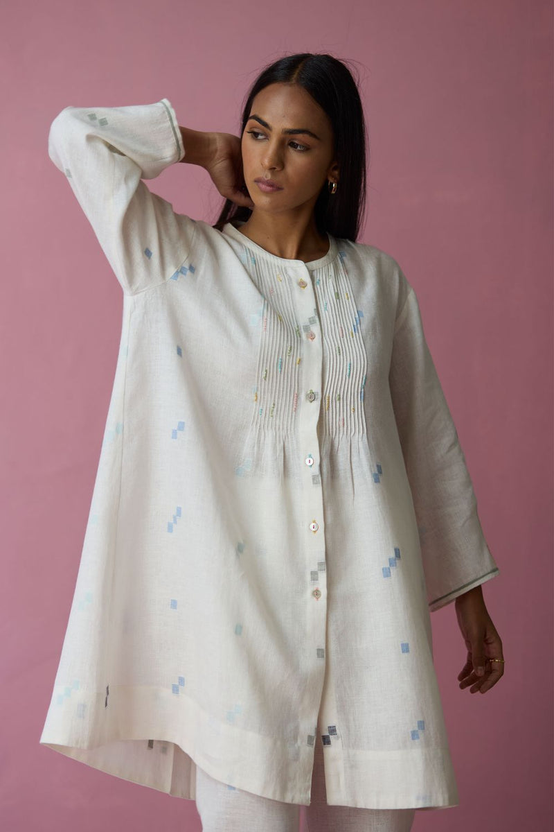 Dima Jmdani Linen Pintuck Co-ord Set - Ivory all linen by Manan in ivory color for women in Singapore