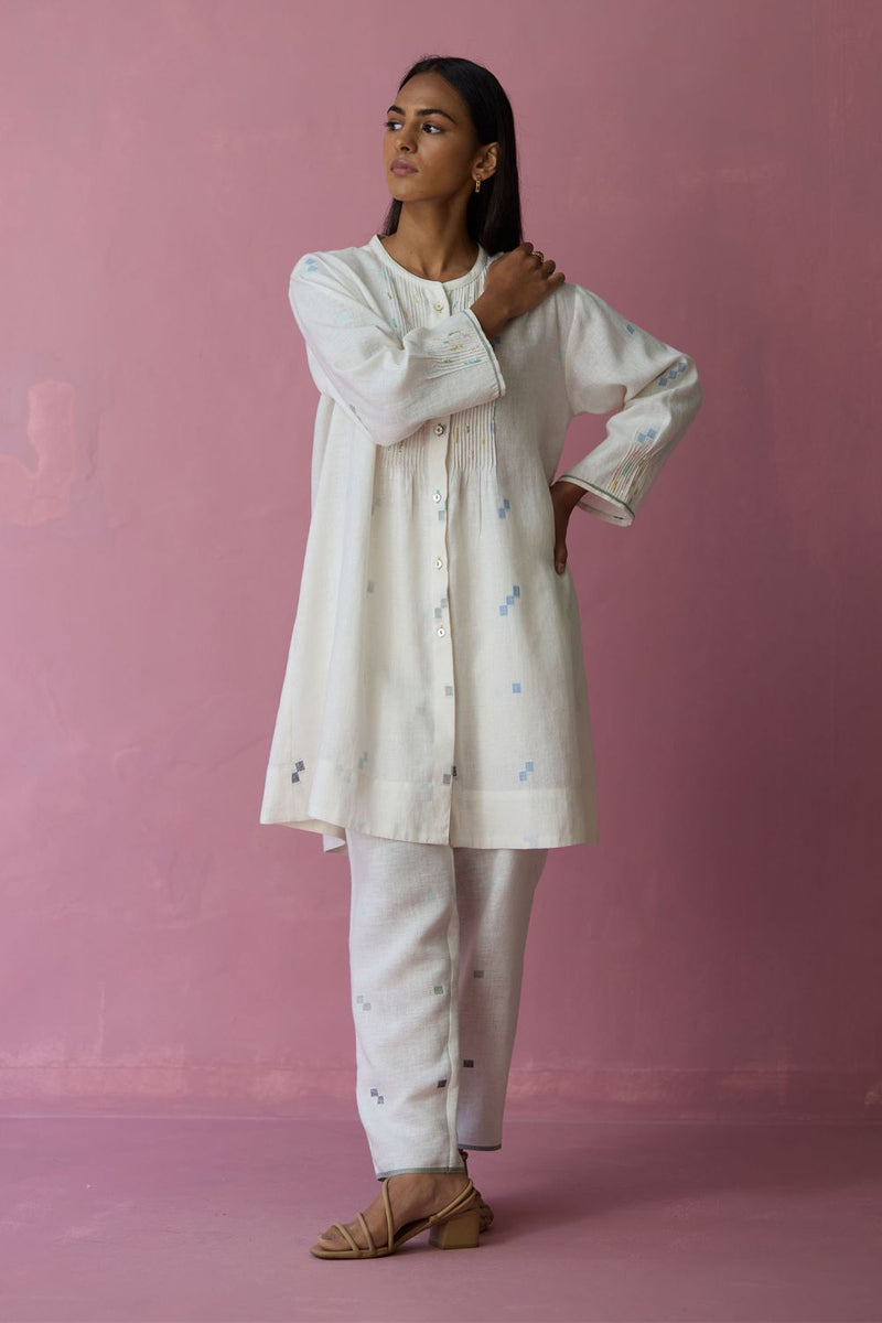 Dima Jmdani Linen Pintuck Co-ord Set - Ivory all linen by Manan in ivory color for women in Singapore