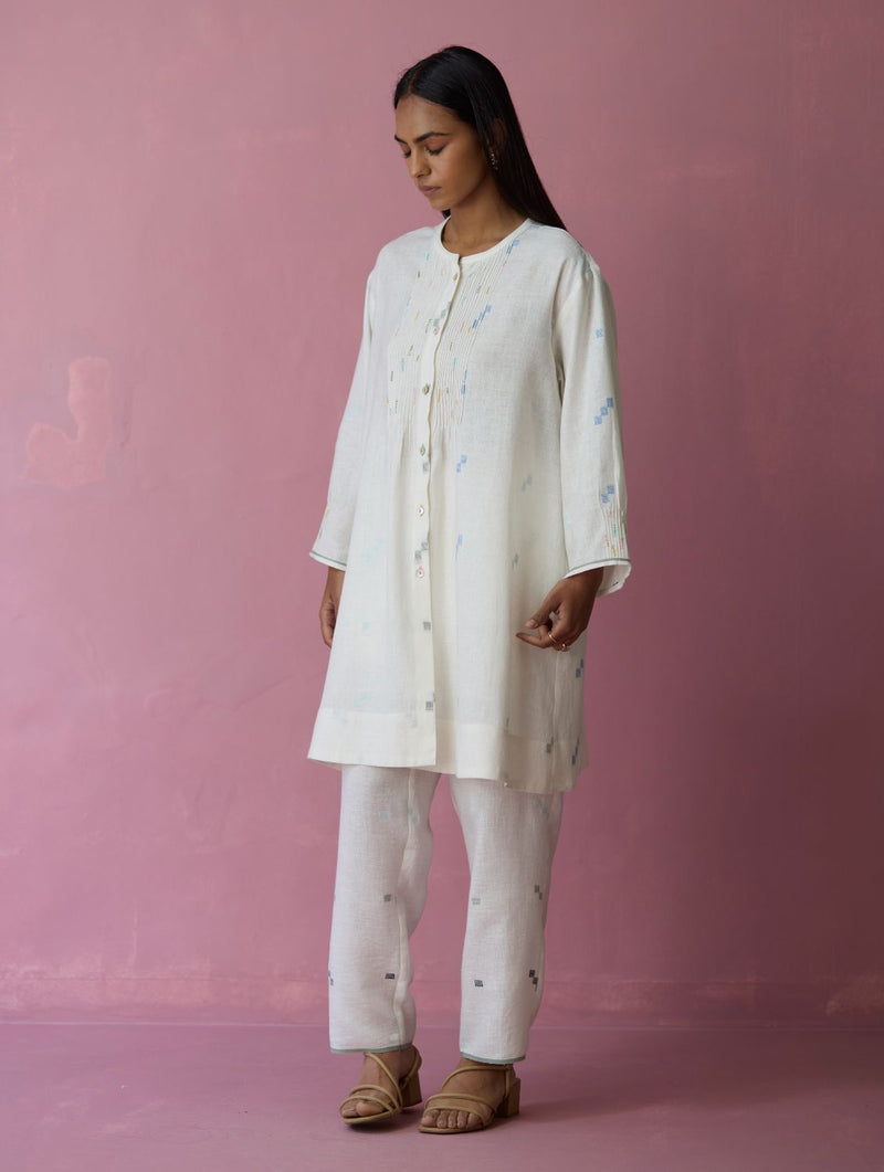 Dima Jmdani Linen Pintuck Co-ord Set - Ivory all linen by Manan in ivory color for women in Singapore
