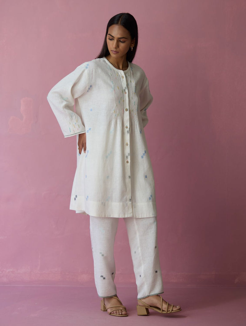 Dima Jmdani Linen Pintuck Co-ord Set - Ivory all linen by Manan in ivory color for women in Singapore