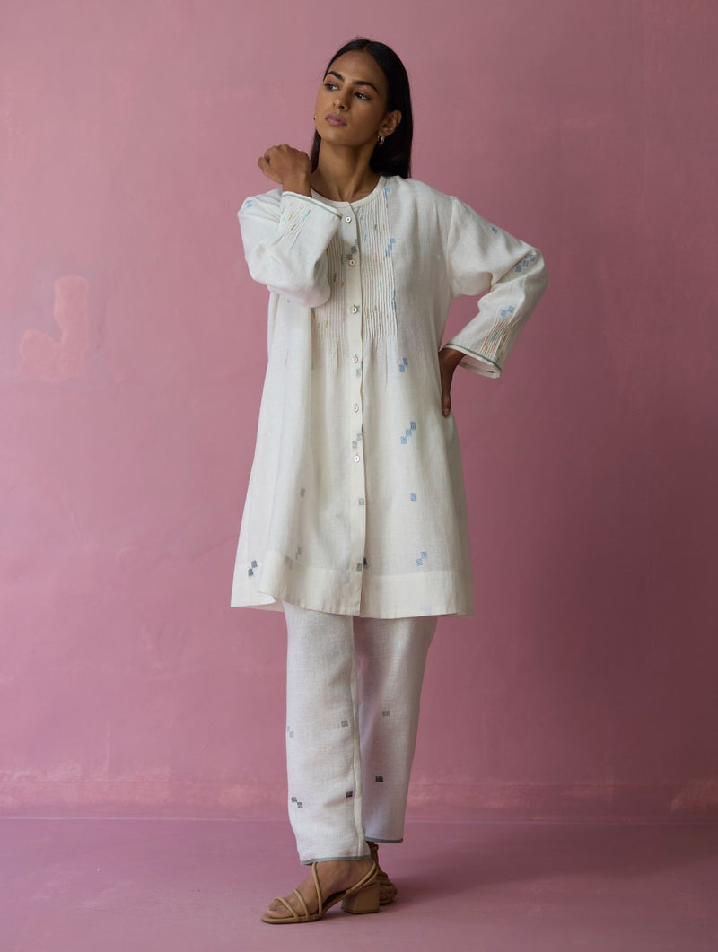 Dima Jmdani Linen Pintuck Co-ord Set - Ivory all linen by Manan in ivory color for women in Singapore