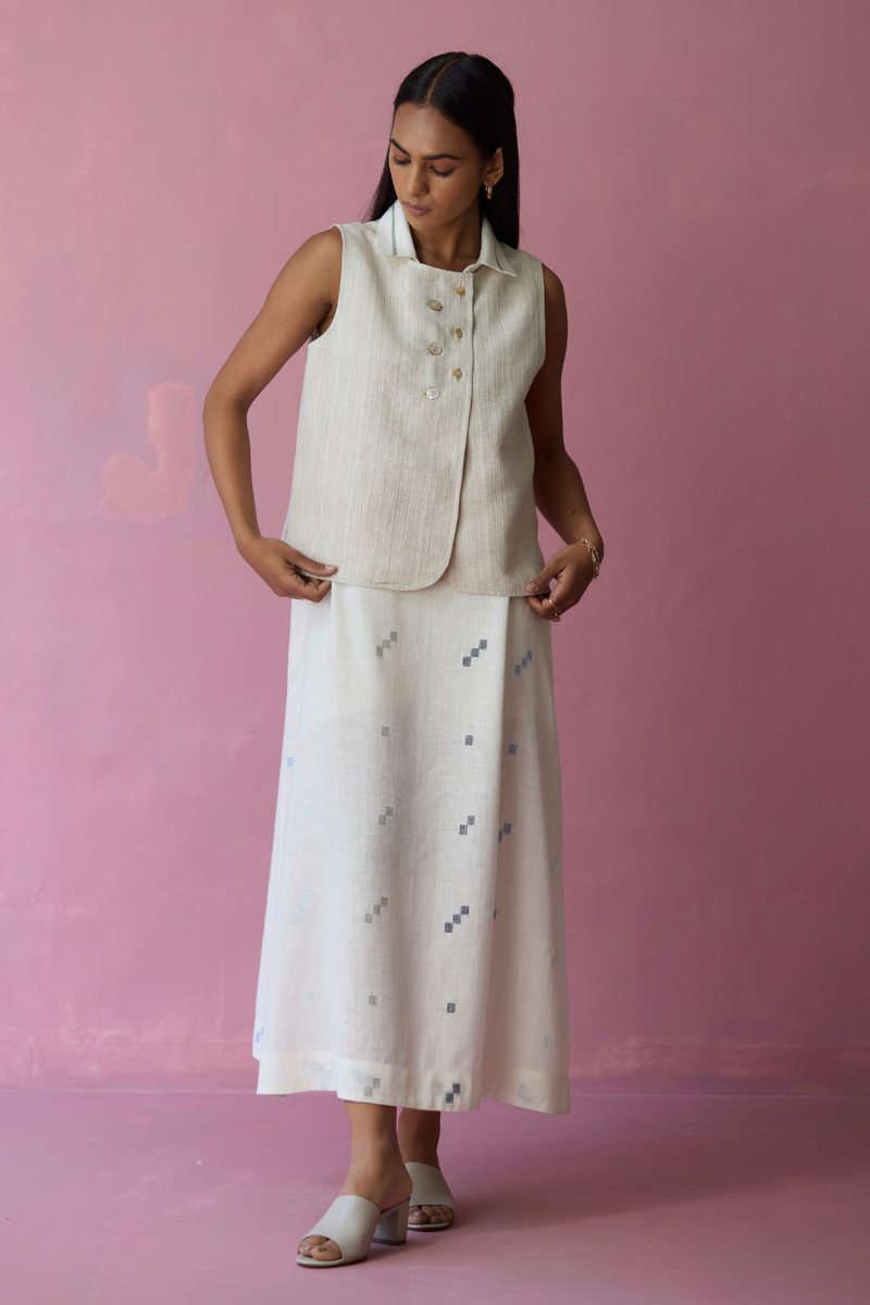 Cara Collared Jamdani Linen Co-ord Set - Ivory all linen by Manan in ivory color for women in Singapore