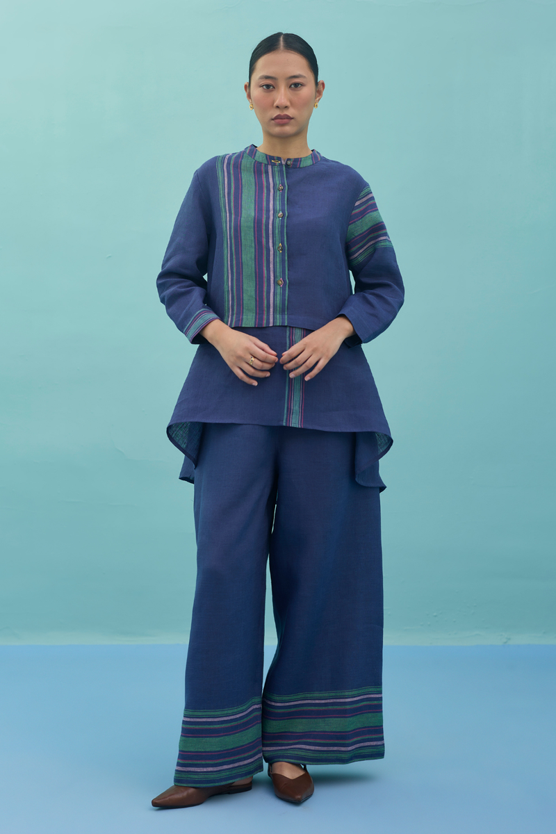 Amaya Border Linen Co-ord Set - Indigo linen co-ord set by Manan in navy for women in Singapore