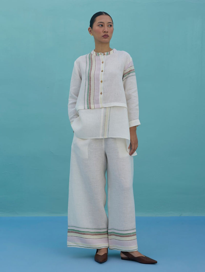 Amaya Border Linen Co-ord Set - Ivory linen co-ord set by Manan in ivory for women in Singapore