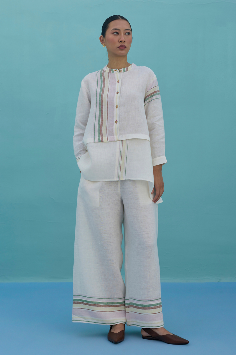 Amaya Border Linen Top - Ivory linen top/shirt by Manan in ivory for women in Singapore