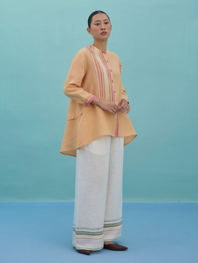Amaya Border Linen Top - Apricot linen top/shirt by Manan in apricot for women in Singapore