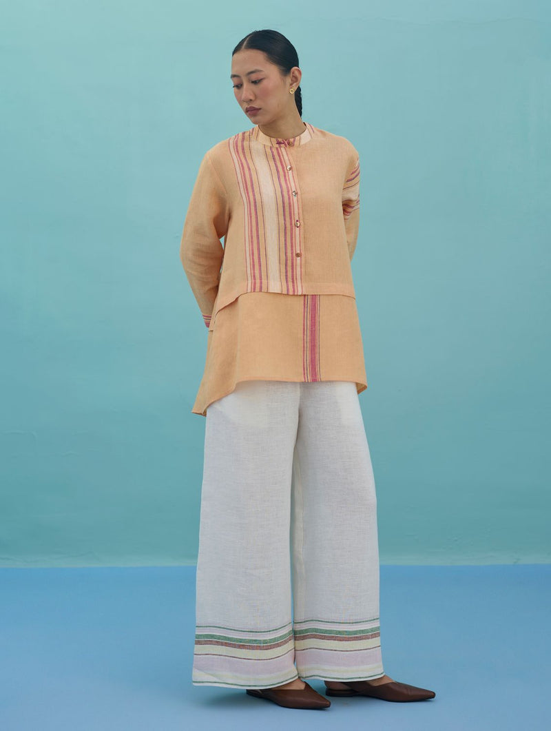 Amaya Border Linen Top - Apricot linen top/shirt by Manan in apricot for women in Singapore