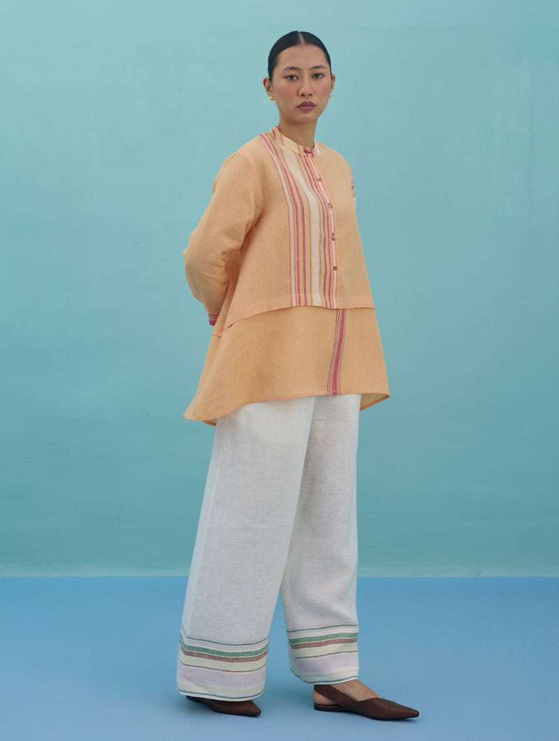 Amaya Border Linen Top - Apricot linen top/shirt by Manan in apricot for women in Singapore