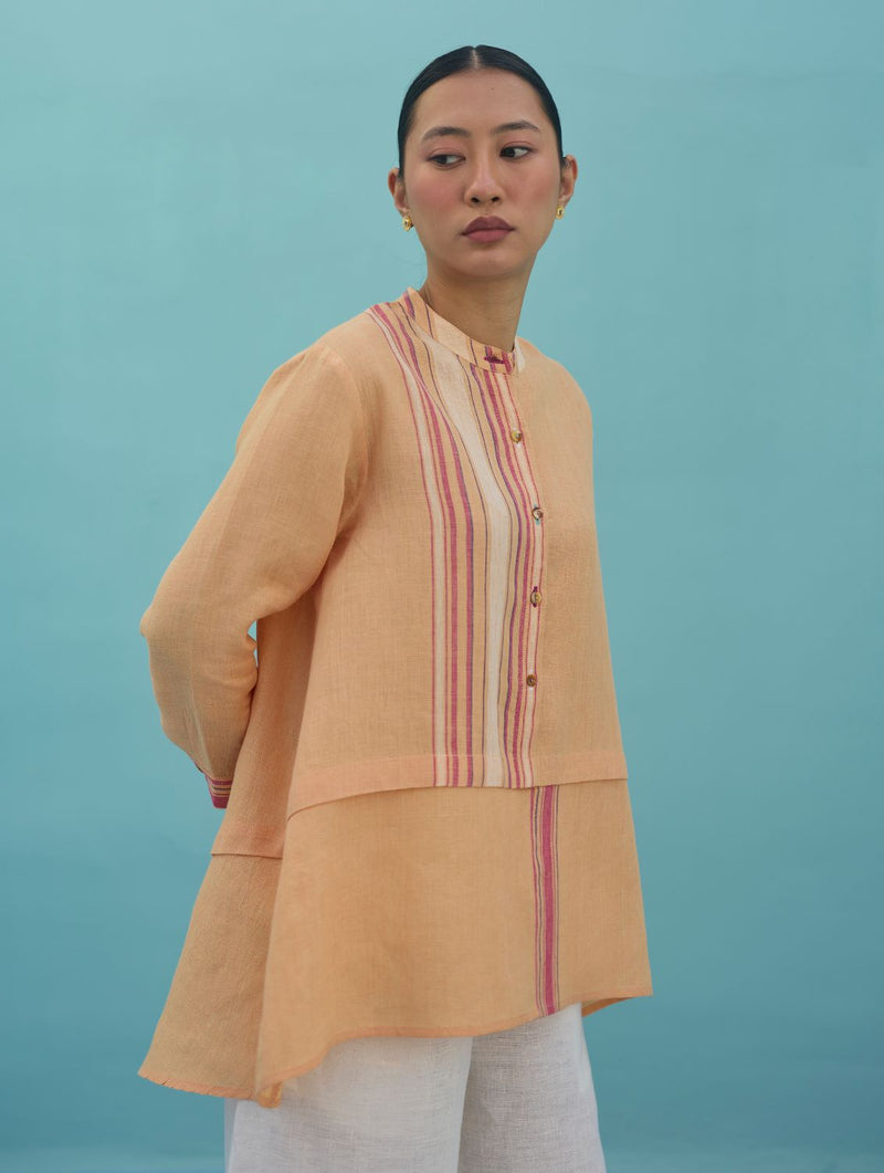 Amaya Border Linen Top - Apricot linen top/shirt by Manan in apricot for women in Singapore