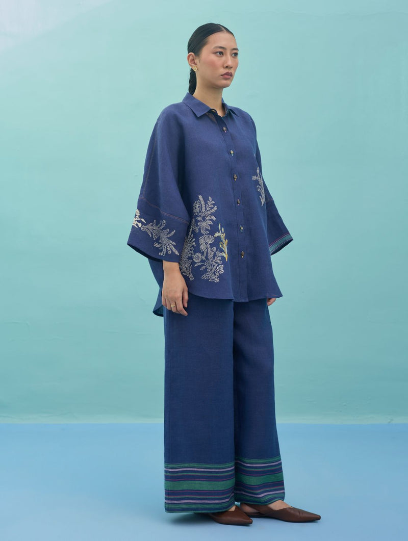 Amaya Border Linen Co-ord Set - Indigo linen co-ord set by Manan in navy for women in Singapore
