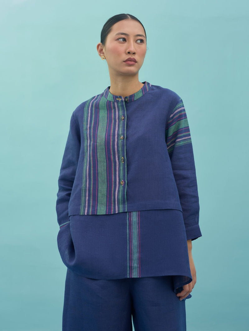 Amaya Border Linen Co-ord Set - Indigo linen co-ord set by Manan in navy for women in Singapore
