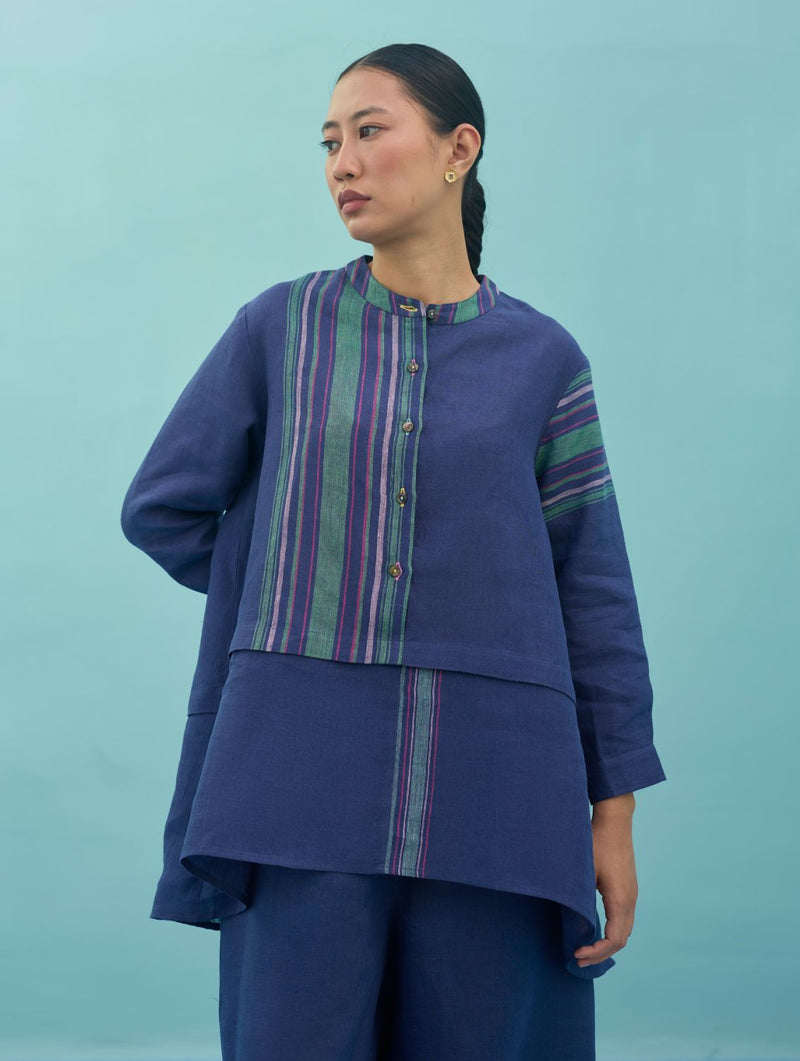 Amaya Border Linen Co-ord Set - Indigo linen co-ord set by Manan in navy for women in Singapore