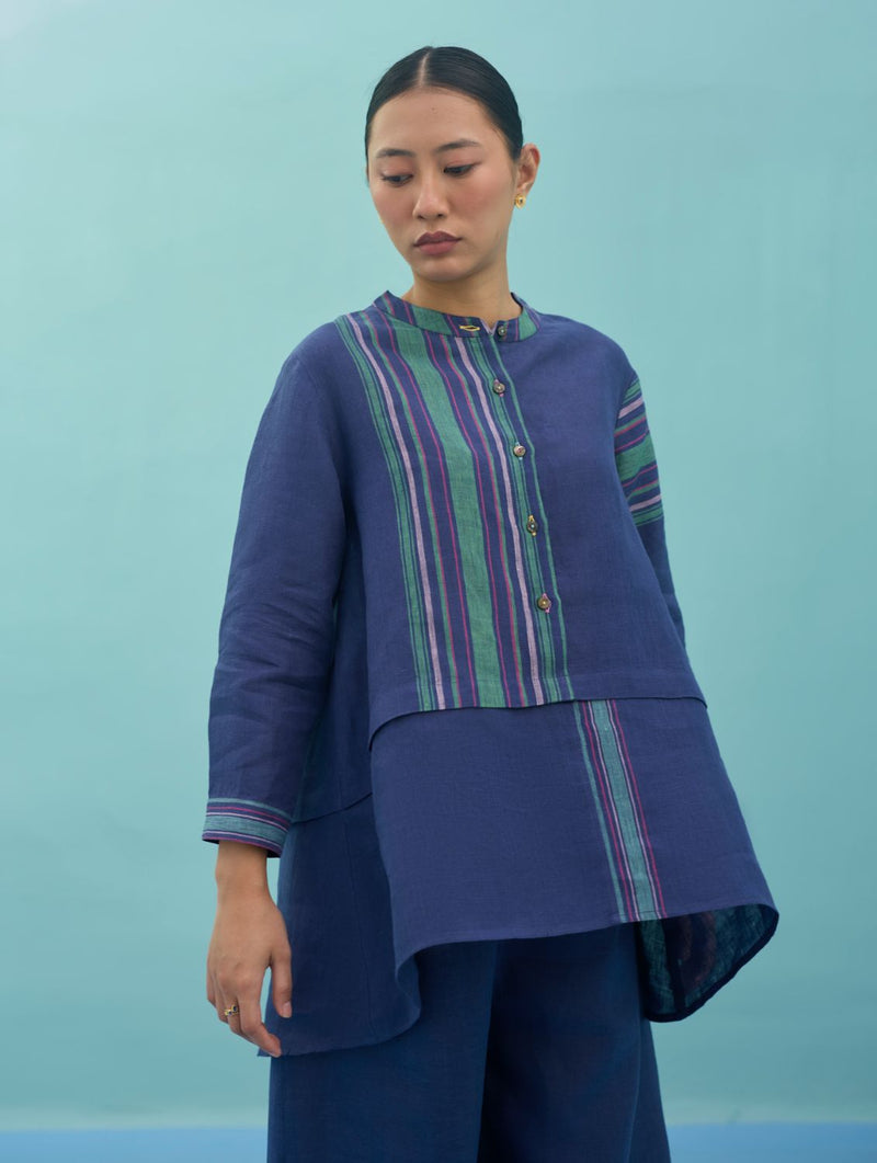 Amaya Border Linen Co-ord Set - Indigo linen co-ord set by Manan in navy for women in Singapore