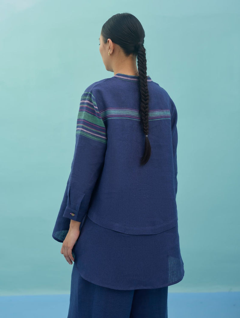 Amaya Border Linen Co-ord Set - Indigo linen co-ord set by Manan in navy for women in Singapore