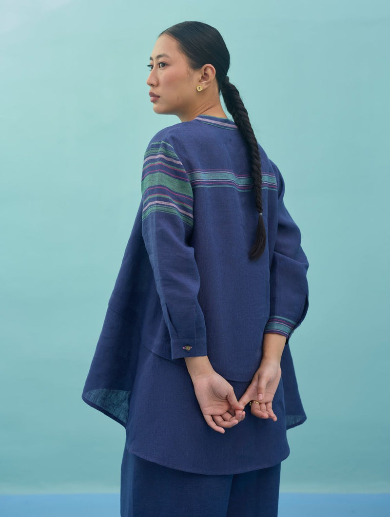 Amaya Border Linen Top - Indigo linen top/shirt by Manan in navy for women in Singapore