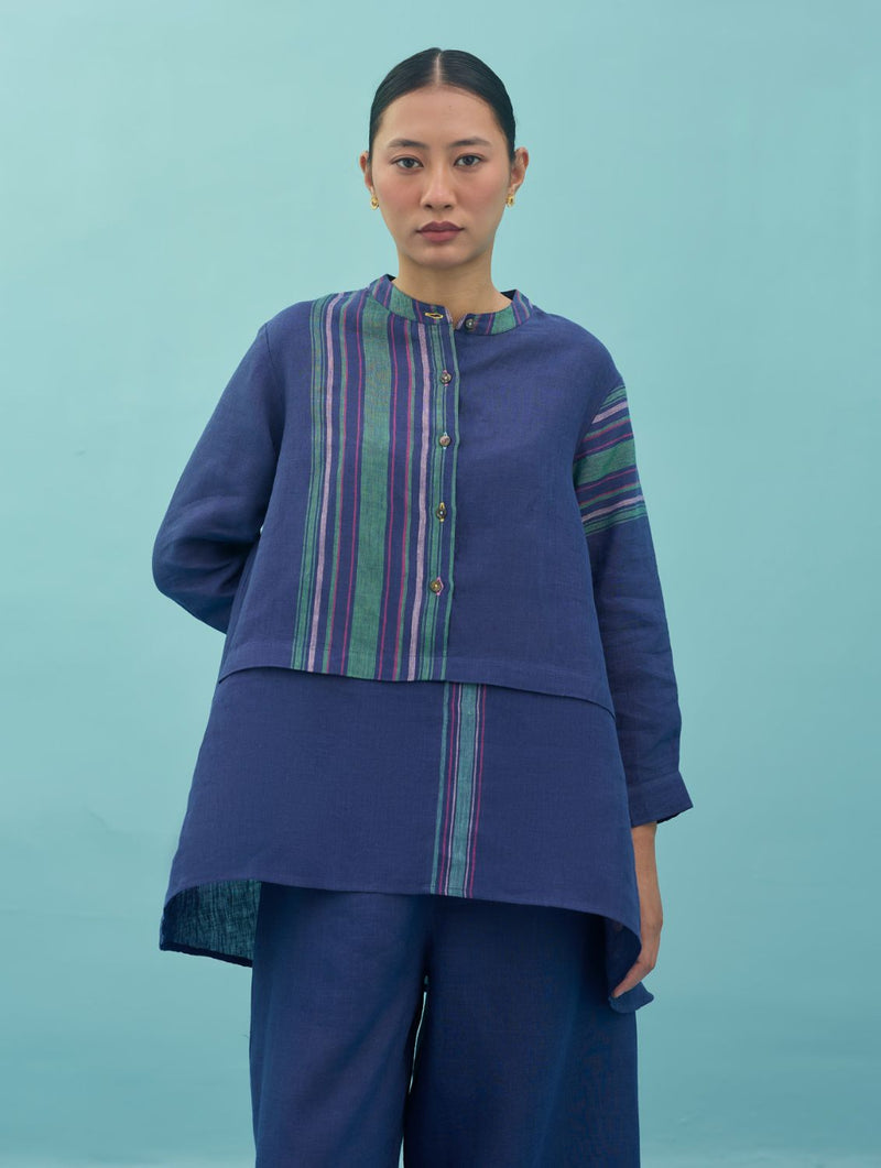 Amaya Border Linen Top - Indigo linen top/shirt by Manan in navy for women in Singapore