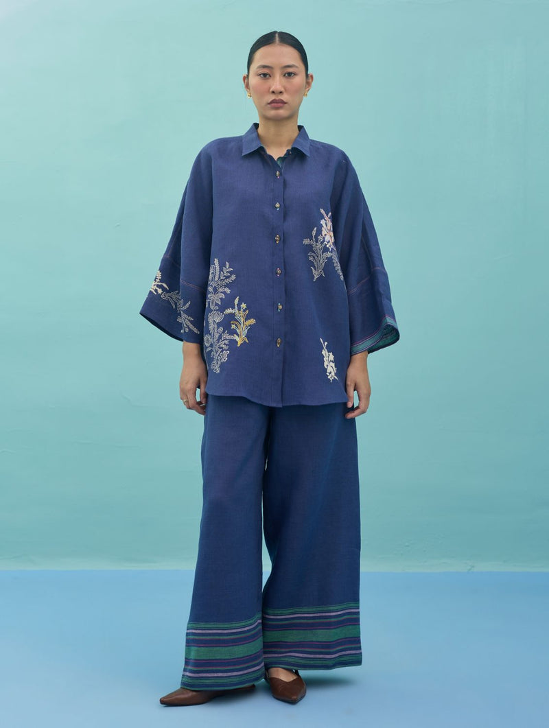 Amaya Border Linen Co-ord Set - Indigo linen co-ord set by Manan in navy for women in Singapore
