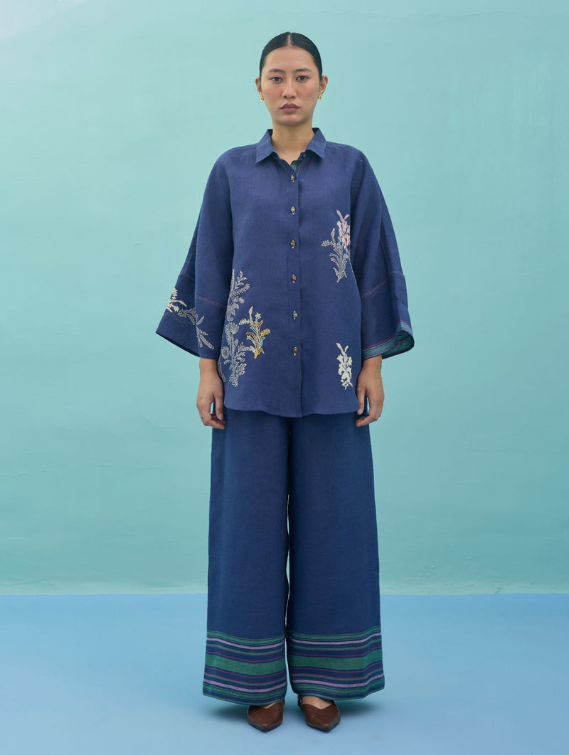 Amaya Border Linen Co-ord Set - Indigo linen co-ord set by Manan in navy for women in Singapore