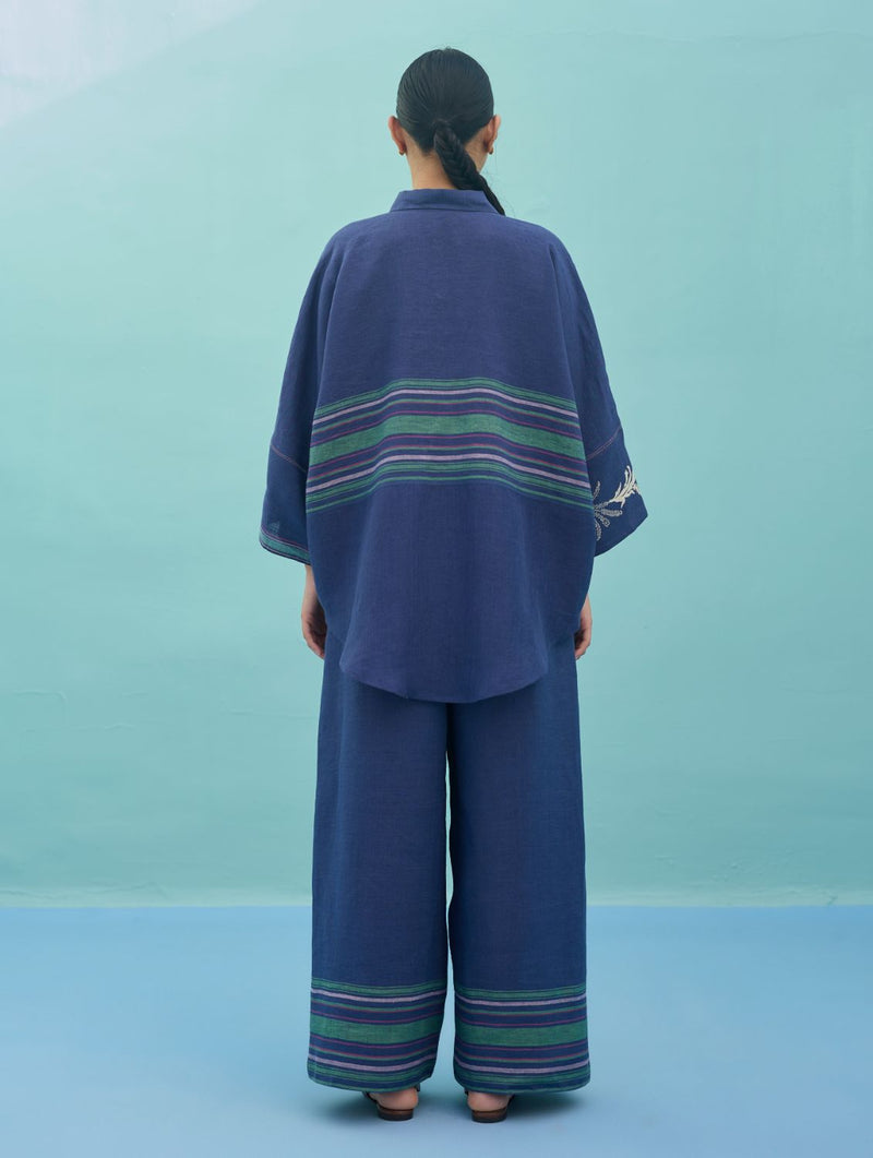 Amaya Border Linen Co-ord Set - Indigo linen co-ord set by Manan in navy for women in Singapore