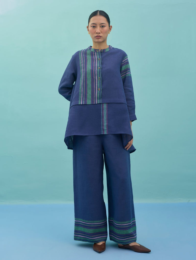 Amaya Border Linen Co-ord Set - Indigo linen co-ord set by Manan in navy for women in Singapore
