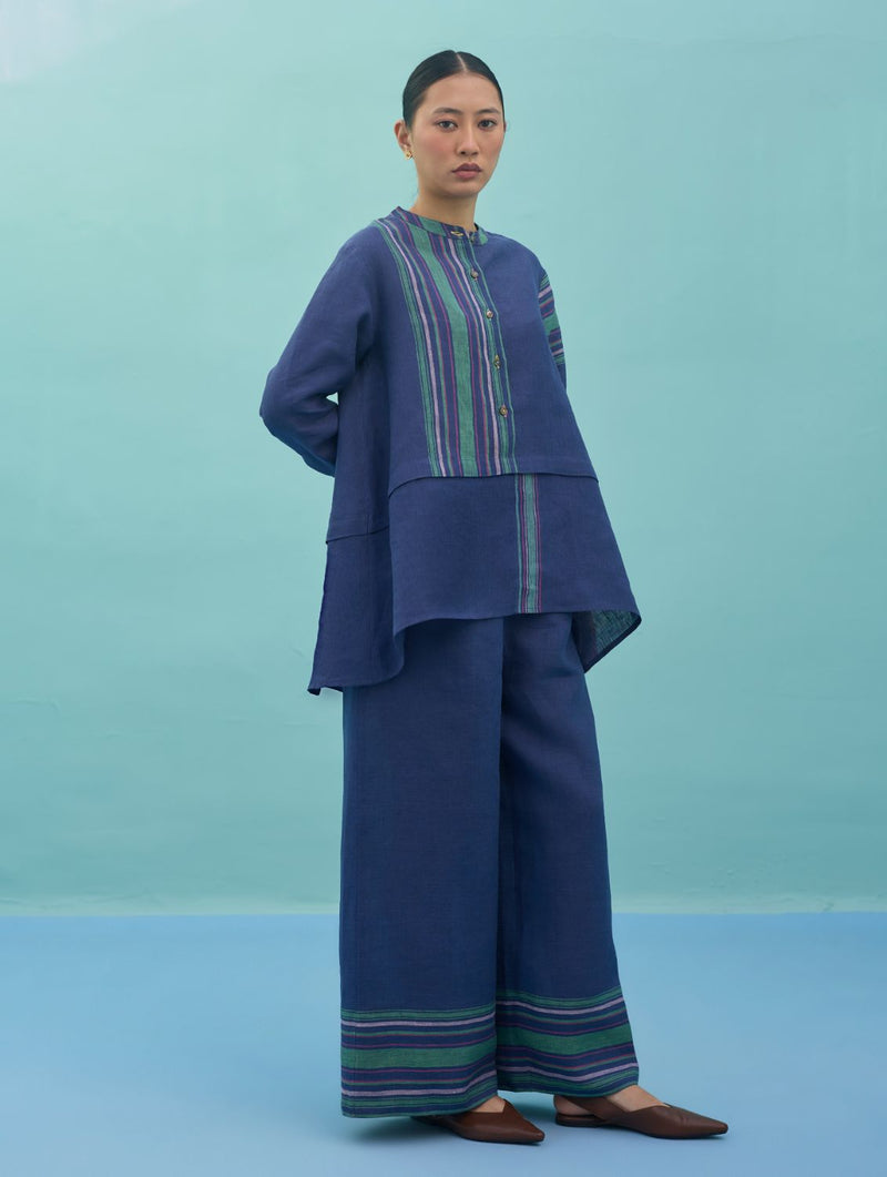 Amaya Border Linen Co-ord Set - Indigo linen co-ord set by Manan in navy for women in Singapore